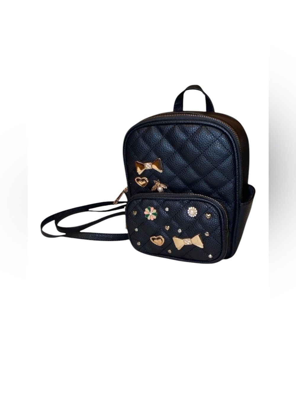 UNDER ONE SKY (UNDER1SKY) Charm Mini Backpack Crossbody Bag Quilted Black Gold